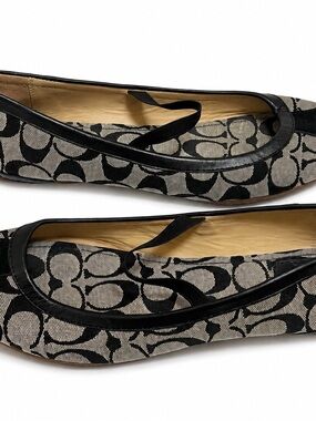 Coach Black and Beige Logo Canvas Ballet Flats